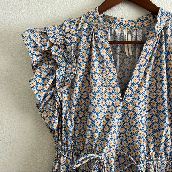 By Anthropologie Ruffle Short Sleeve Mini Dress Blue Floral Tie Waist Size Large - Picture 5 of 11